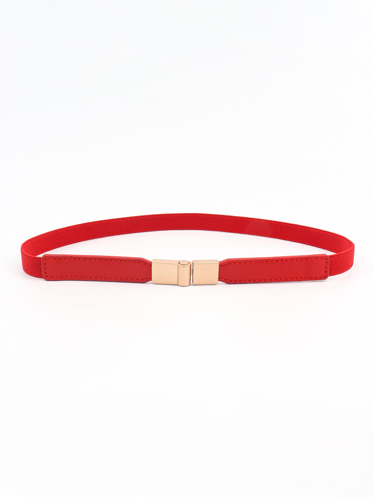 Red PU elastic skinny belt with stitched leather-look ends and a centered gold-tone alloy clasp buckle in a sleek, slim silhouette.