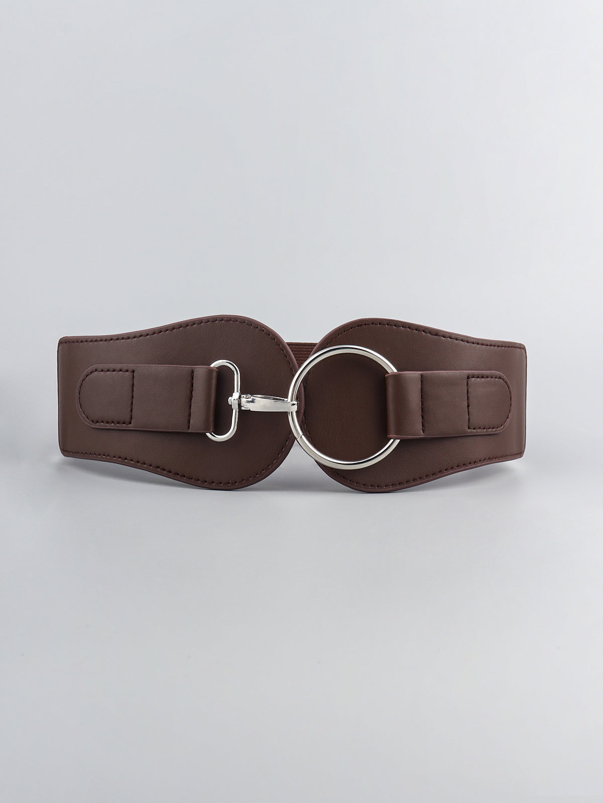 Brown PU elastic wide belt with stitched edges, shaped panels, and a bold silver alloy ring buckle creating a polished waist-defining accent.