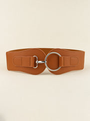 A wide cognac-brown PU elastic belt features stitched panels and a polished alloy ring buckle for a structured waist-defining silhouette.