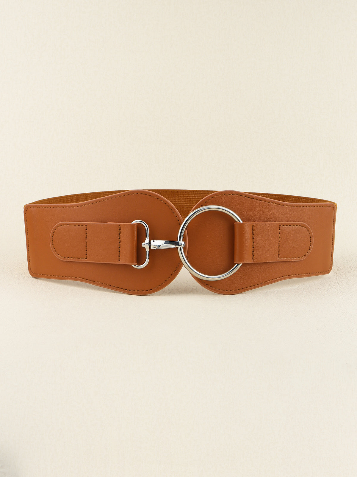 A wide cognac-brown PU elastic belt features stitched panels and a polished alloy ring buckle for a structured waist-defining silhouette.