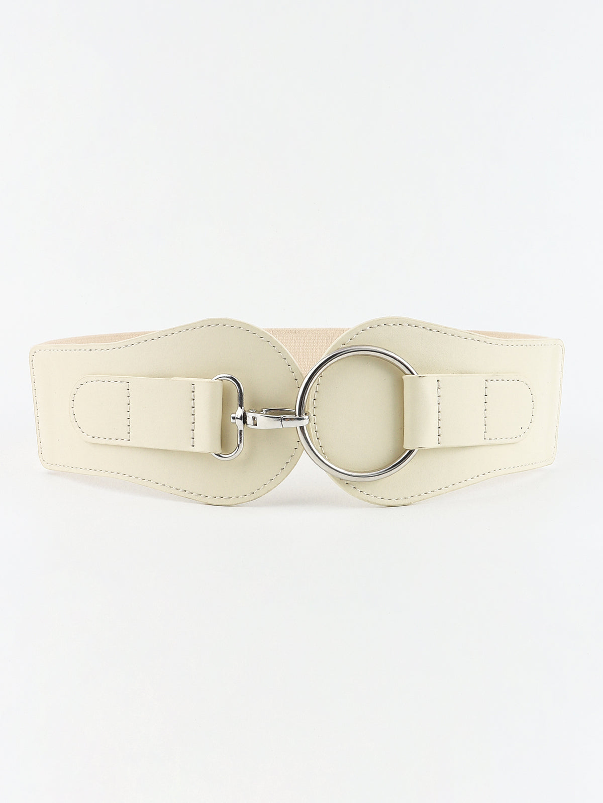 Cream PU elastic wide belt with a broad silhouette, stitched edges, and a polished silver alloy ring buckle with hook-and-loop fastening.