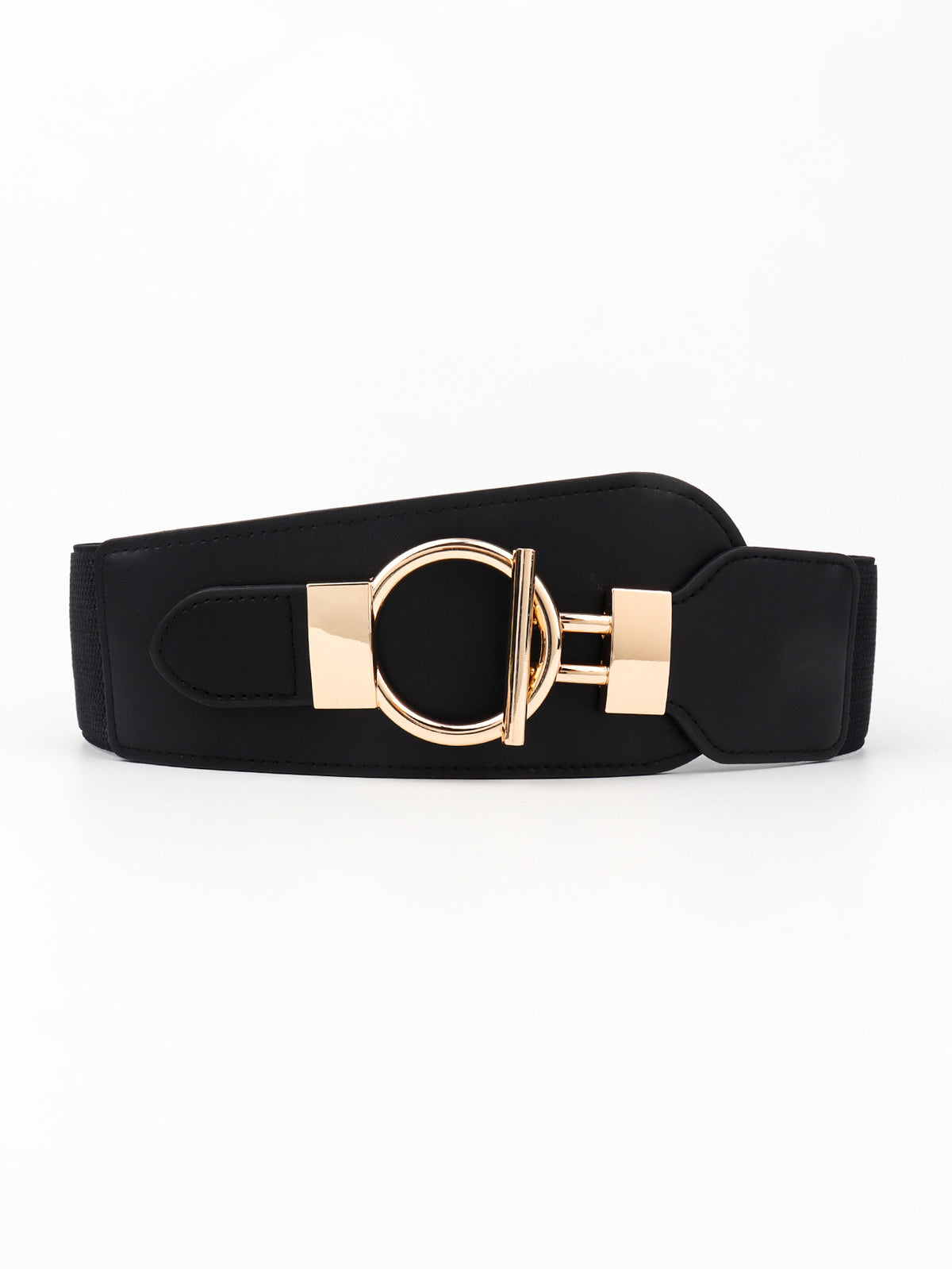 Black PU elastic wide belt with a structured silhouette, stitched edges, and a polished gold-tone alloy buckle featuring a rounded ring and sleek bar.