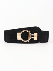 Black PU elastic wide belt with a structured silhouette, stitched edges, and a polished gold-tone alloy buckle featuring a rounded ring and sleek bar.