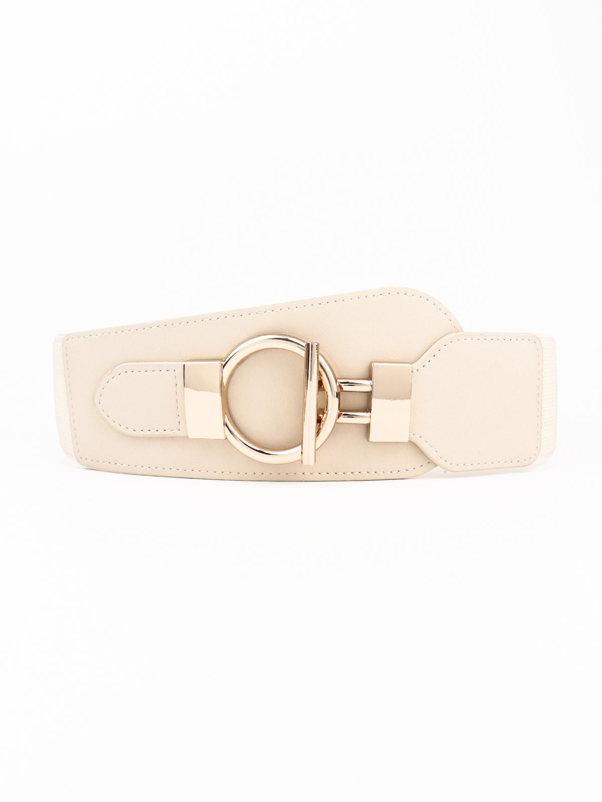 Cream PU elastic wide belt with stitched detailing, structured panels, and a polished alloy buckle featuring a rounded ring and sleek bar accents.