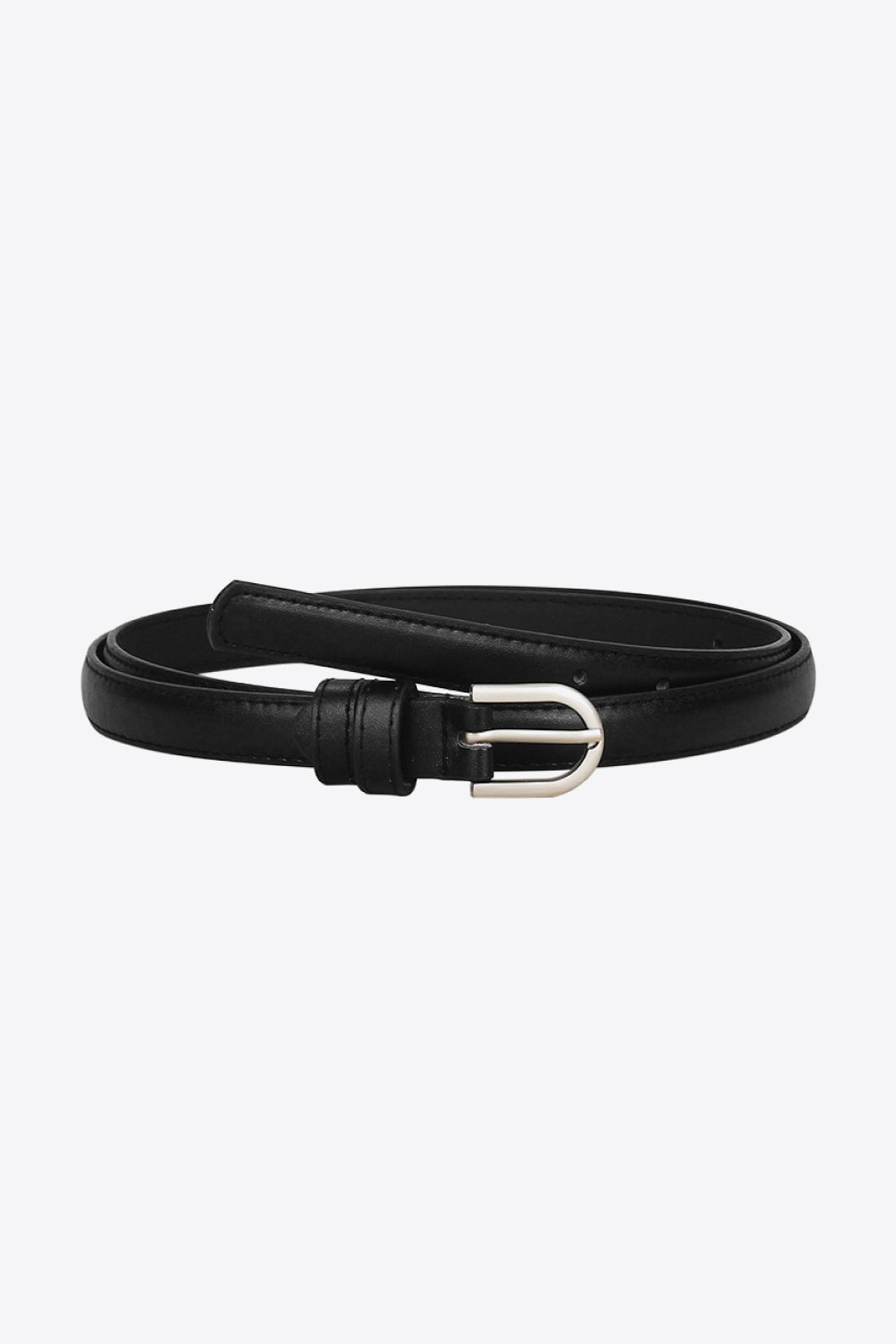 Black PU leather belt shown coiled with a slim silhouette, silver pin buckle, stitched edges, adjustment holes, and a keeper loop.