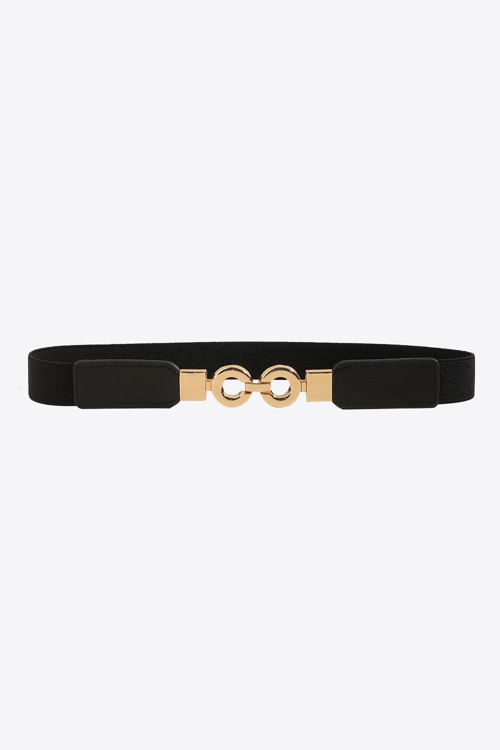 Black PU leather belt with a slim 1-inch profile, smooth panels, and a distinctive gold-tone alloy buckle featuring two linked circular elements.