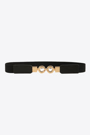 Black PU leather belt with a slim 1-inch profile, smooth panels, and a distinctive gold-tone alloy buckle featuring two linked circular elements.