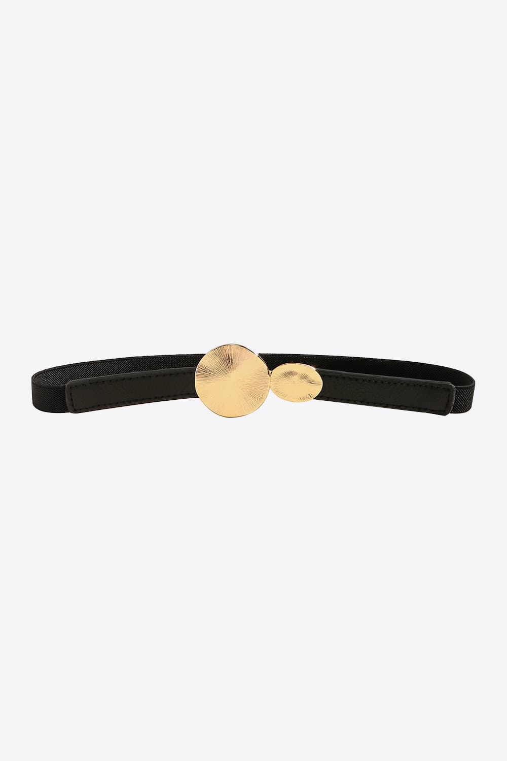 Slim black PU leather belt with stitched construction and a sculptural gold alloy buckle featuring two rounded, softly textured discs.