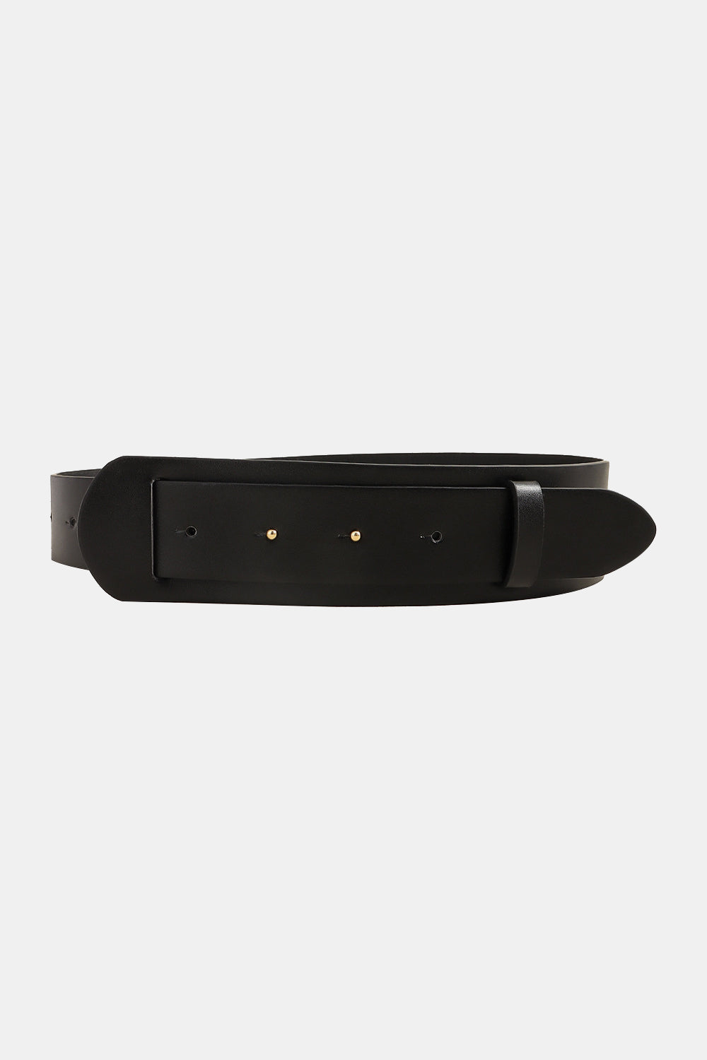 Black PU leather belt with a wide silhouette, layered front panel, tonal detailing, small metal accents, and a softly rounded pointed end.