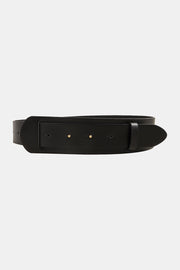 Black PU leather belt with a wide silhouette, layered front panel, tonal detailing, small metal accents, and a softly rounded pointed end.