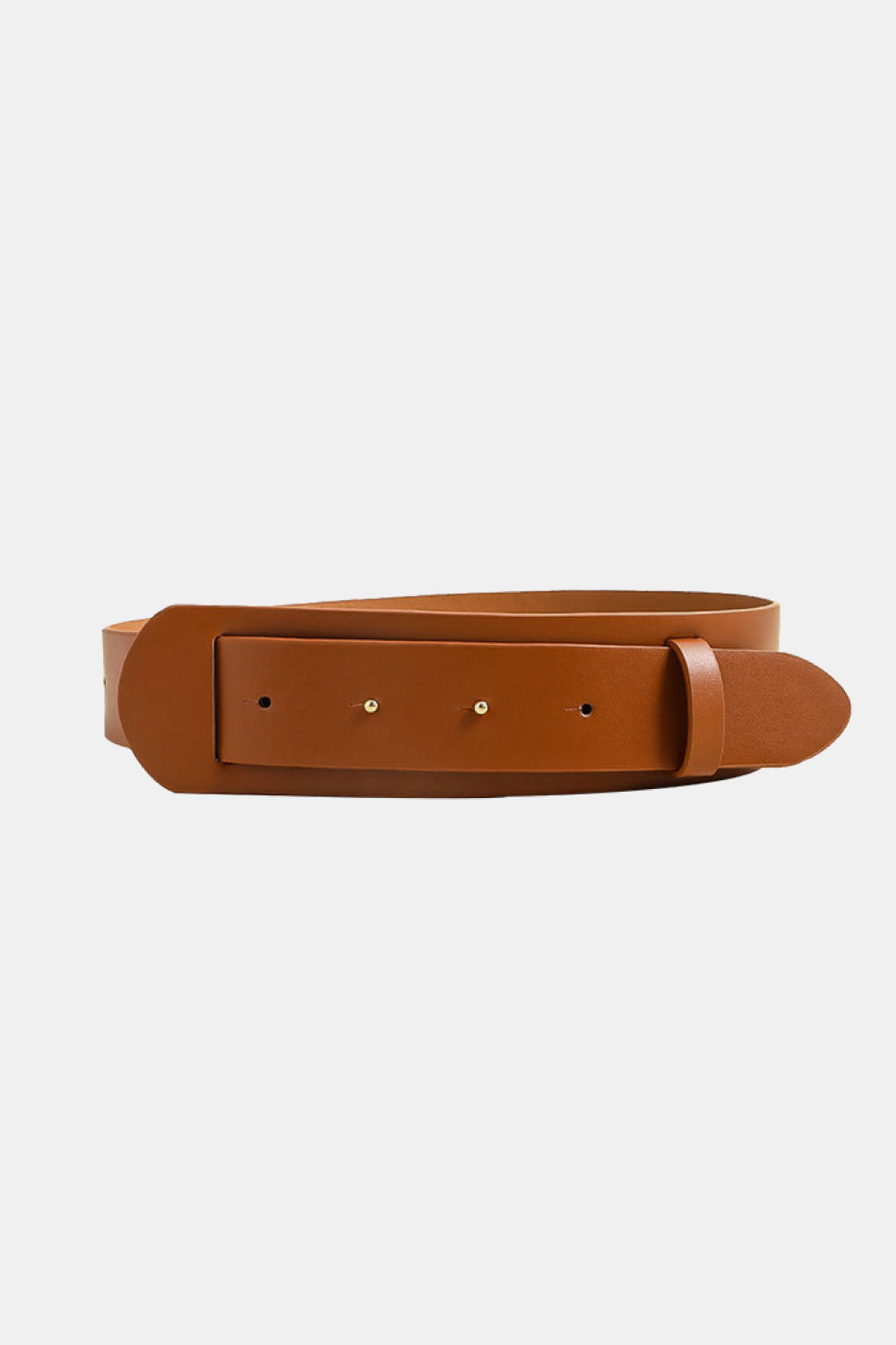 Brown PU leather belt with a wide layered front panel, rounded end, tonal detailing, and small metal accents for a structured silhouette.