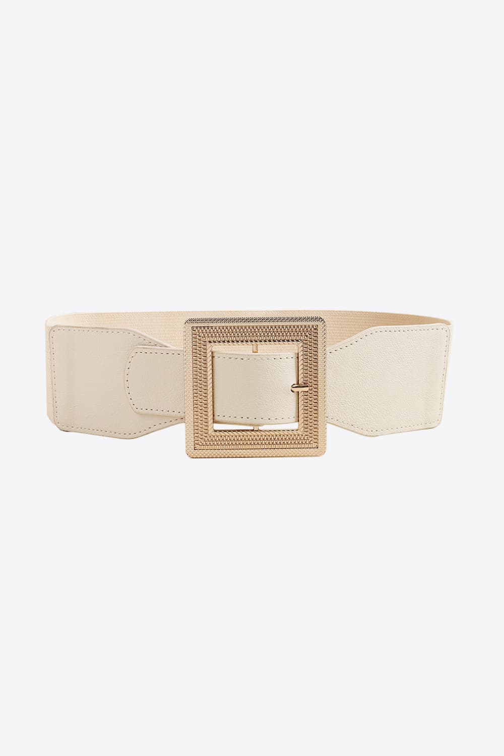 A cream PU leather belt with a broad, softly contoured silhouette, stitched edges, and a standout square textured alloy buckle.