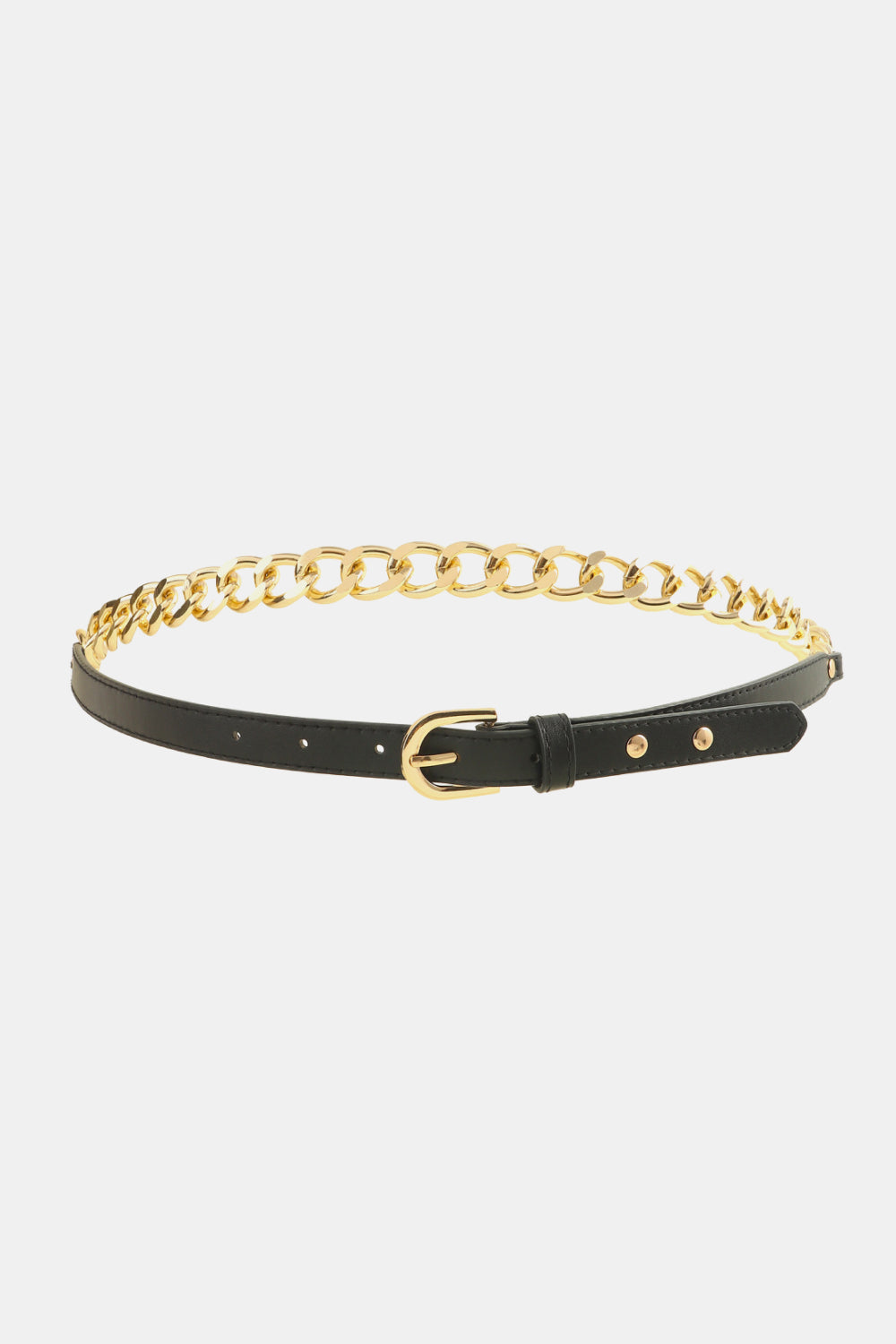 Black PU leather chain belt with a slim strap, classic gold-tone buckle, adjustable holes, and a gleaming draped iron chain detail.