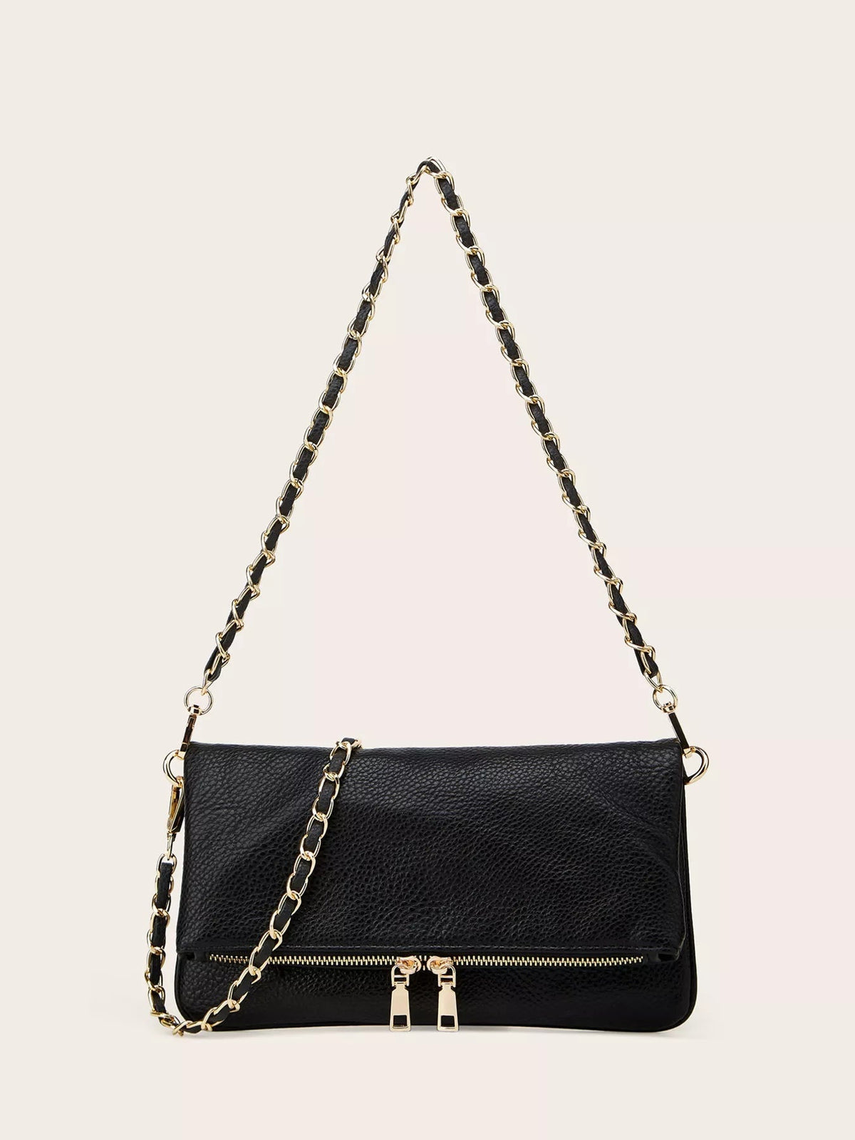 Black PU leather shoulder bag with a structured rectangular silhouette, flap front, gold-tone zip pocket, and a woven chain strap.