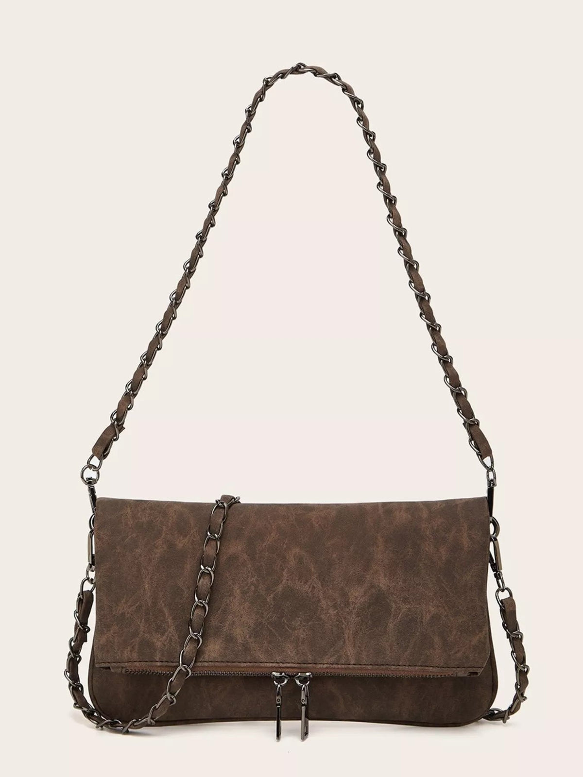 Medium brown PU leather shoulder bag with a structured rectangular silhouette, chain strap, front zip pocket, and dual zipper pulls.