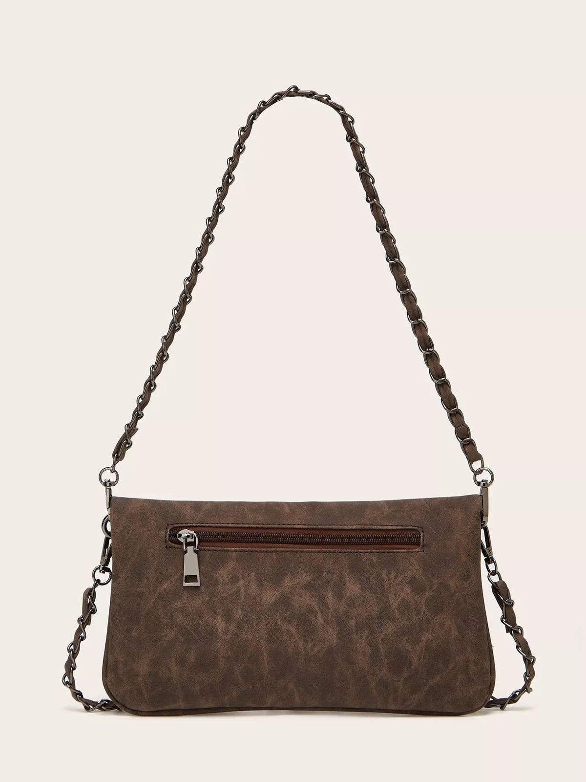 Brown medium PU leather shoulder bag with a soft rectangular silhouette, braided chain strap, silver-tone hardware, and a front zip pocket.
