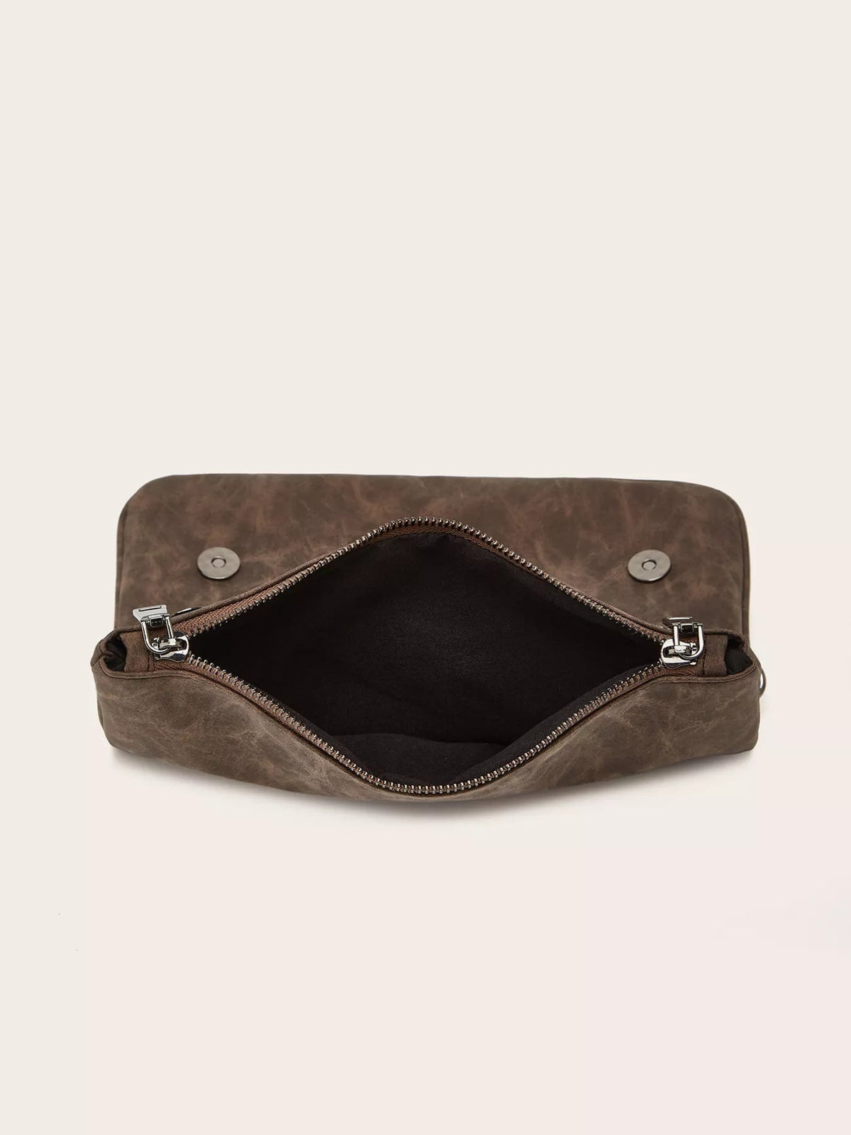 Brown PU leather shoulder bag shown open, featuring a medium rectangular silhouette, black lined interior, zippered compartment, and magnetic flap snaps.