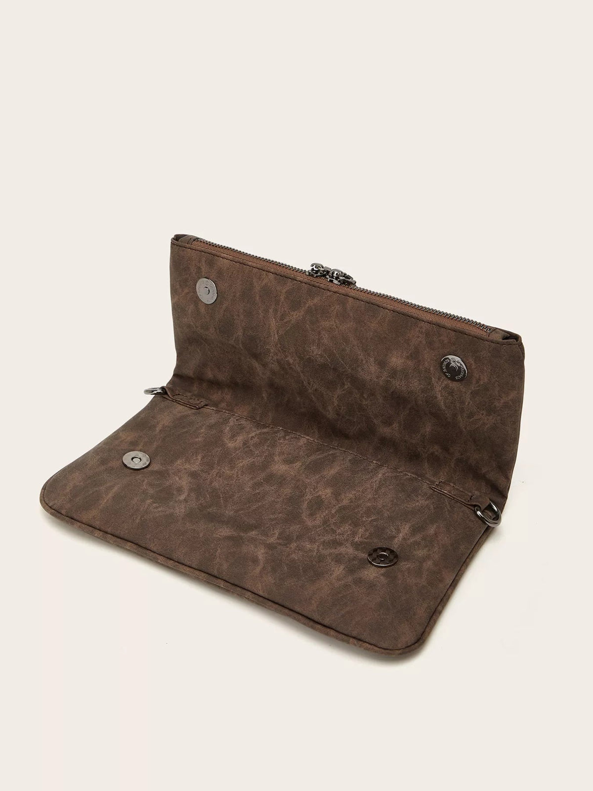 Open brown PU leather shoulder bag shown flat, featuring a wide flap with snap closures, a zippered upper compartment, and rounded stitched edges.
