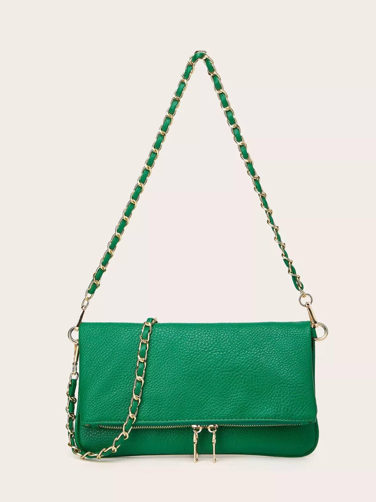 A medium green PU leather shoulder bag features a rectangular silhouette, flap closure, front zip pocket, and a gold chain strap woven with matching material.