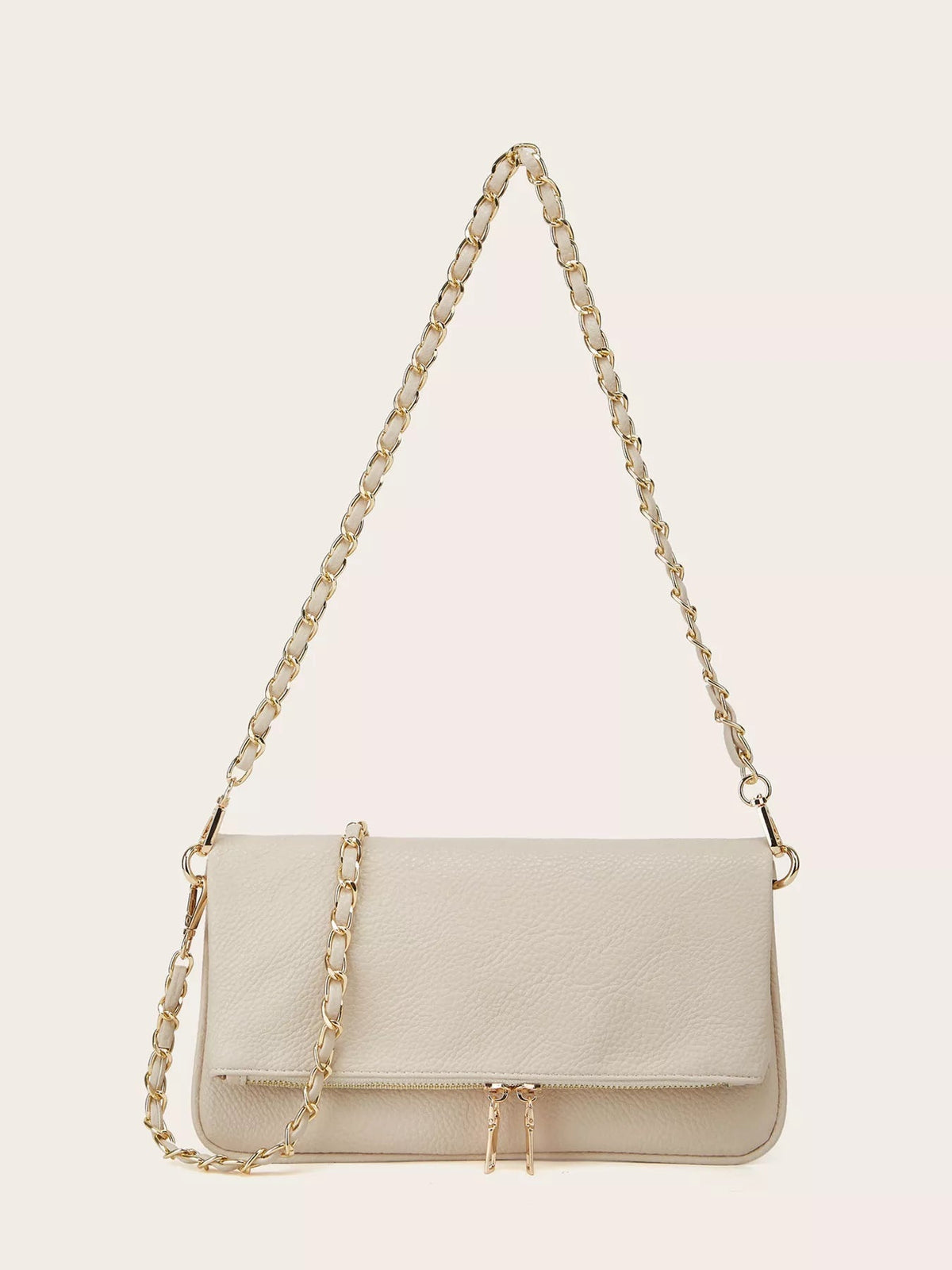 Cream PU leather shoulder bag with a structured rectangular silhouette, foldover flap, gold-tone chain strap, and front zippered pocket.