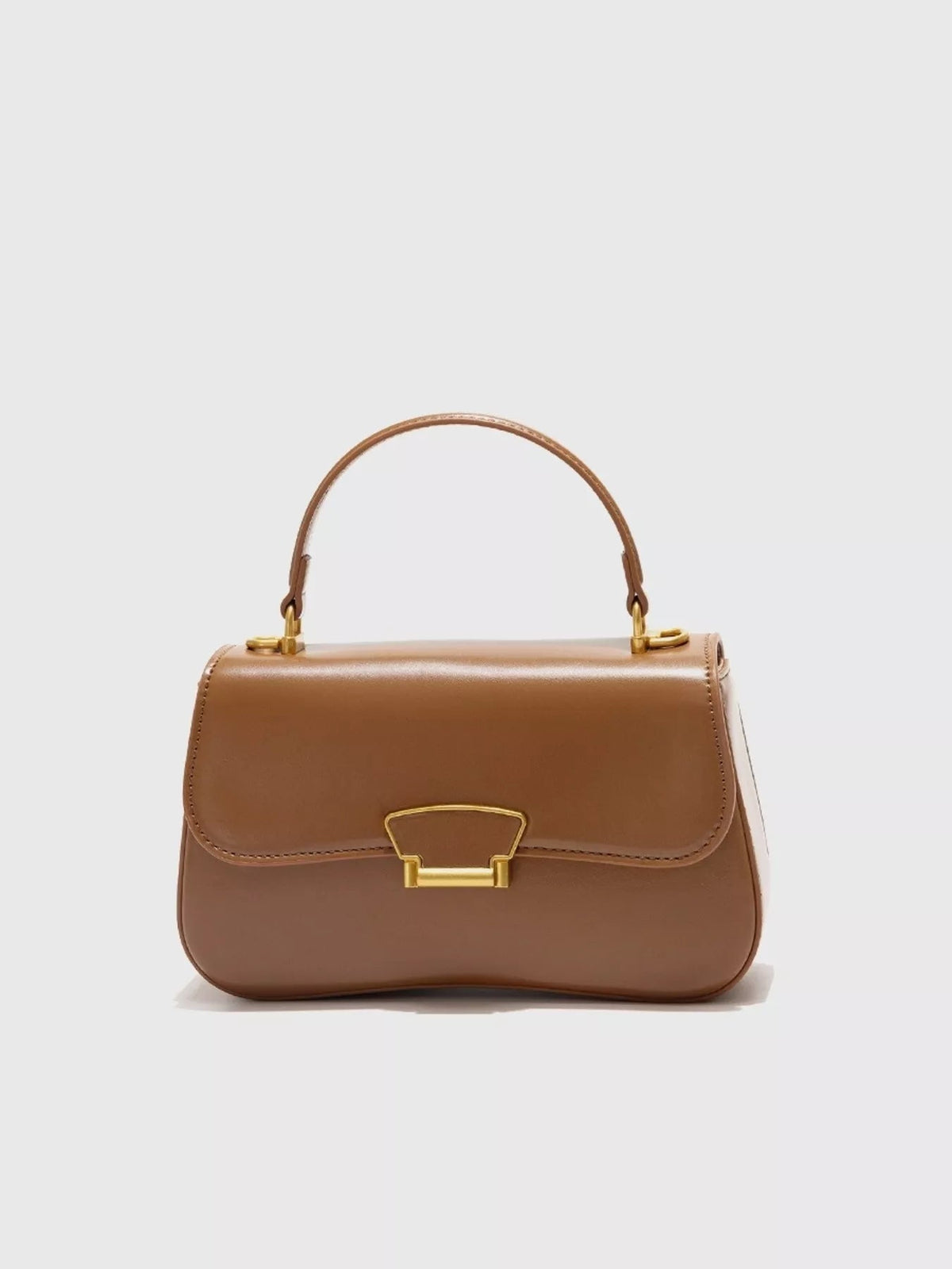 Small brown PU leather crossbody bag with a structured silhouette, top handle, stitched flap closure, and gold-tone clasp hardware.