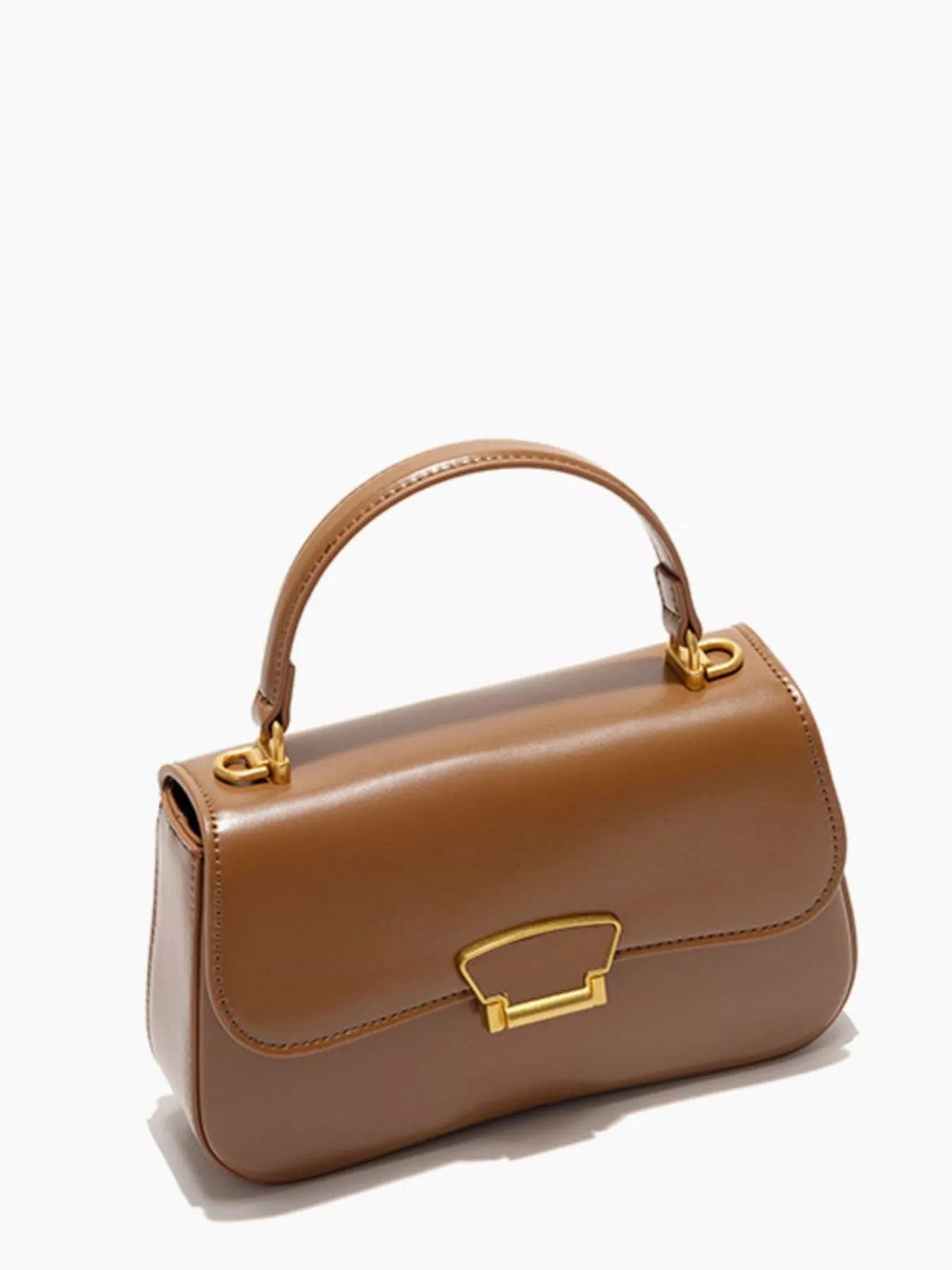 Small tan PU leather bag with a structured rounded rectangular silhouette, top handle, stitched flap closure, and gold-tone clasp hardware.