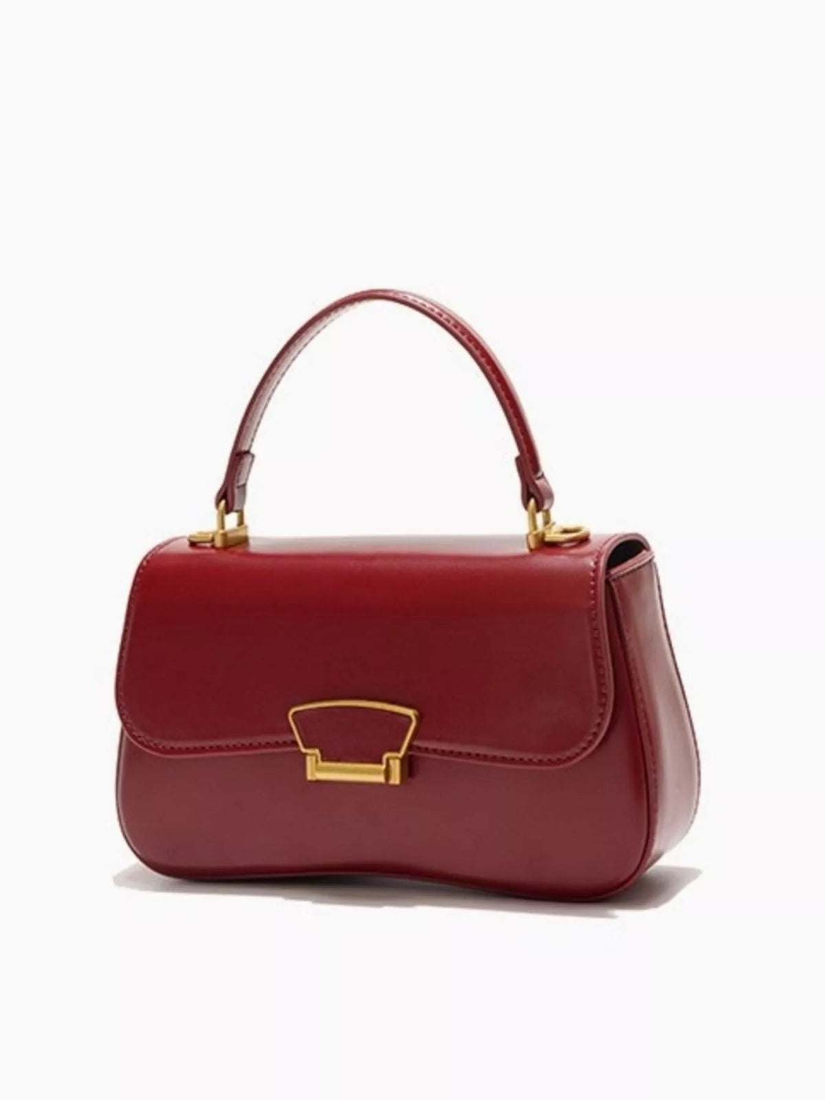 Small burgundy PU leather bag with a structured silhouette, rounded flap, top handle, stitched edges, and gold-tone front clasp.