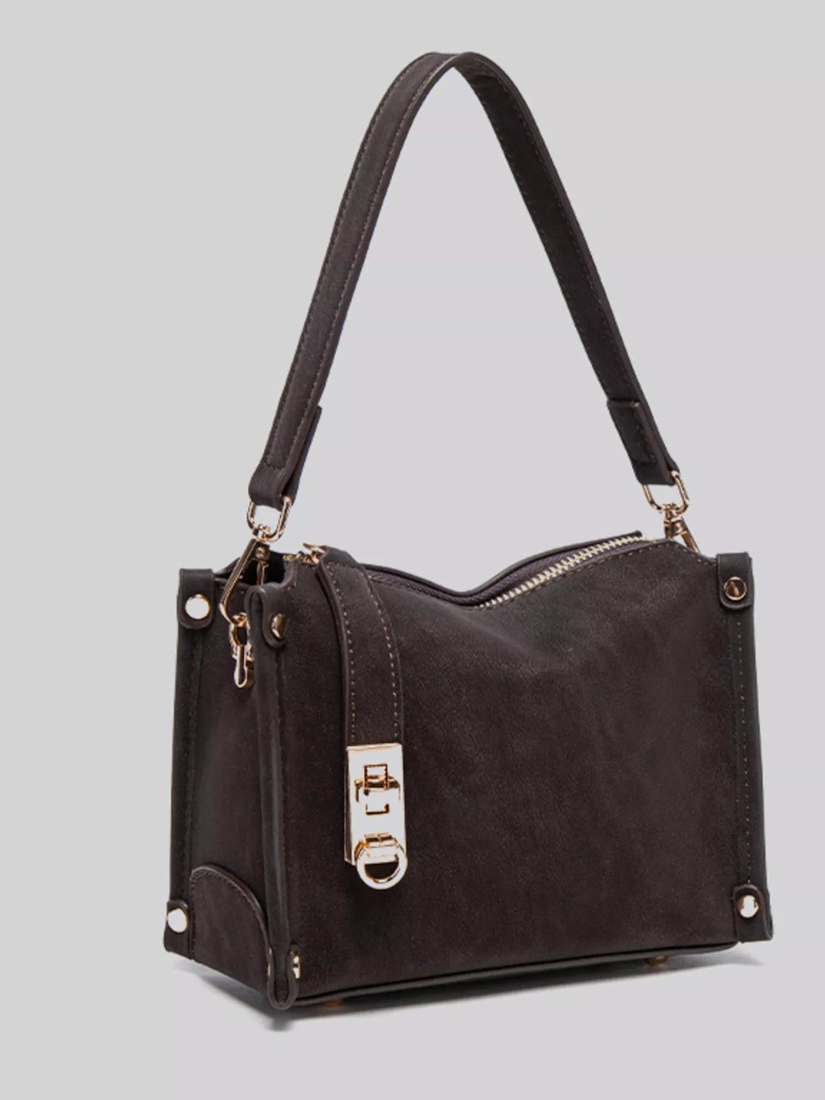 Small black PU leather crossbody bag with an adjustable strap, structured silhouette, zip-top closure, and gold-tone hardware.