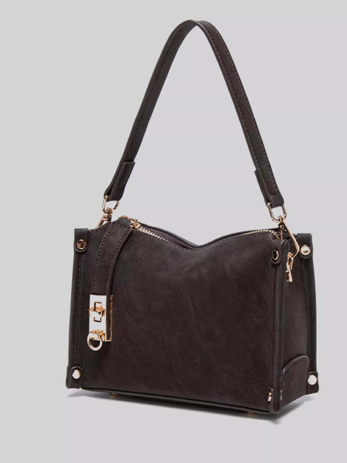 Small black PU leather crossbody bag with an adjustable strap, structured rectangular silhouette, zip-top closure, stitched panels, and gold-tone hardware.