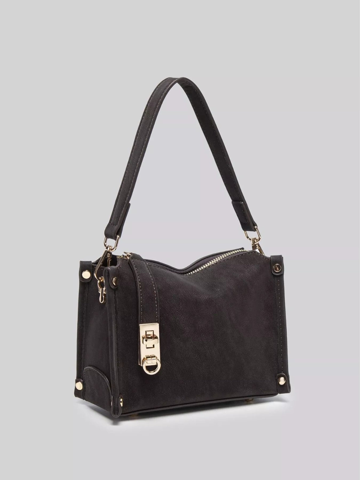 Small black PU leather crossbody bag with an adjustable strap, structured silhouette, top zip closure, and gold-tone hardware accents.