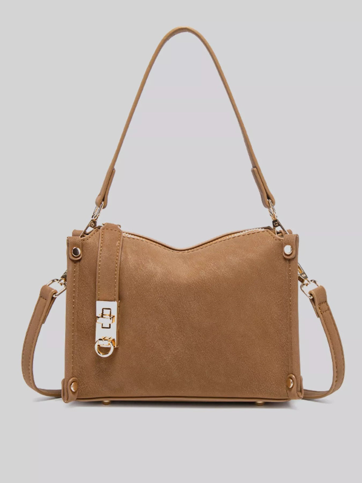Small tan PU leather crossbody bag with a structured rectangular silhouette, adjustable shoulder strap, stitched panels, and gold-tone hardware.