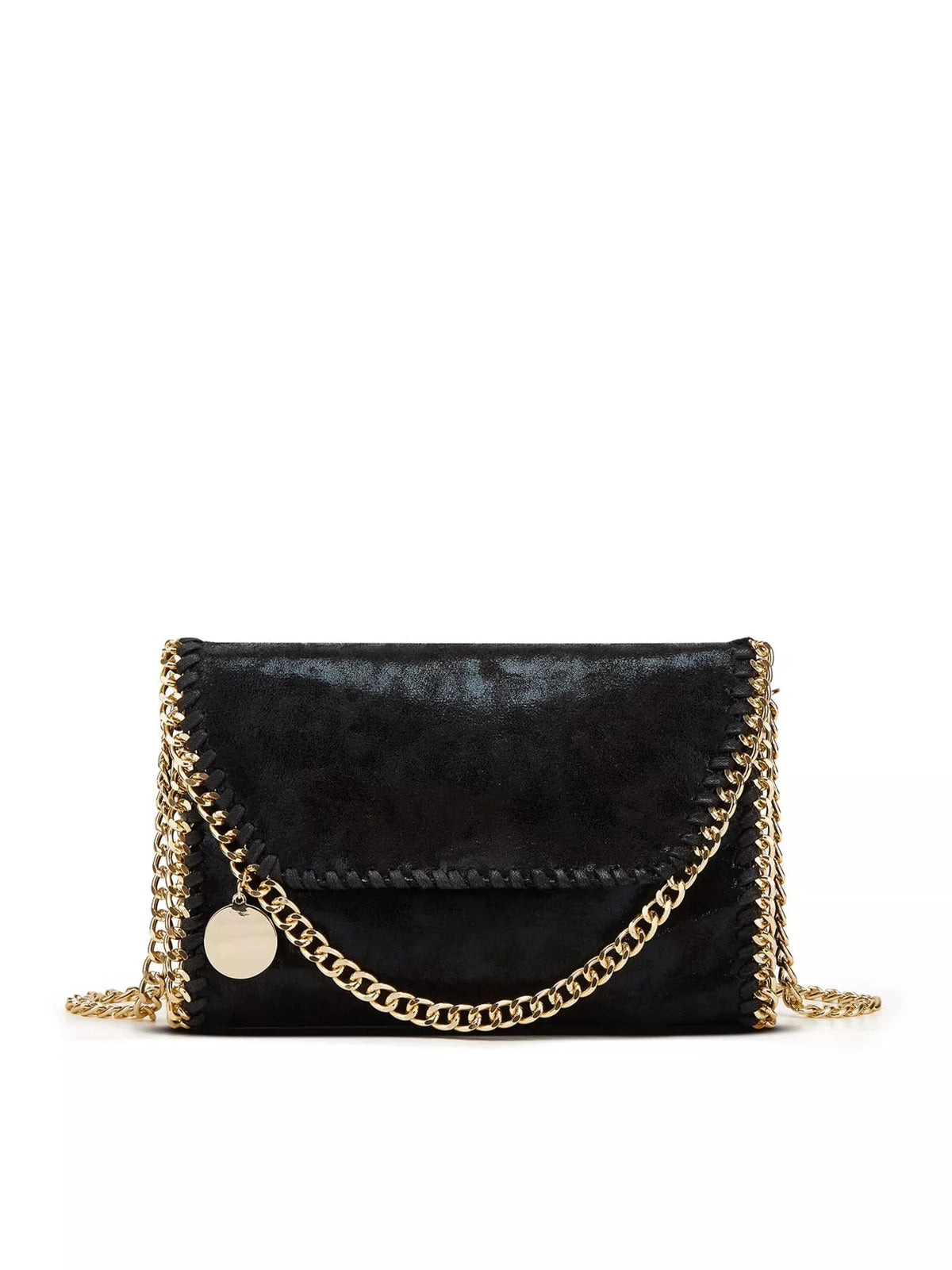 Small black PU leather crossbody bag with a flap front, braided edge construction, and gold-tone chain trim draped across the front.