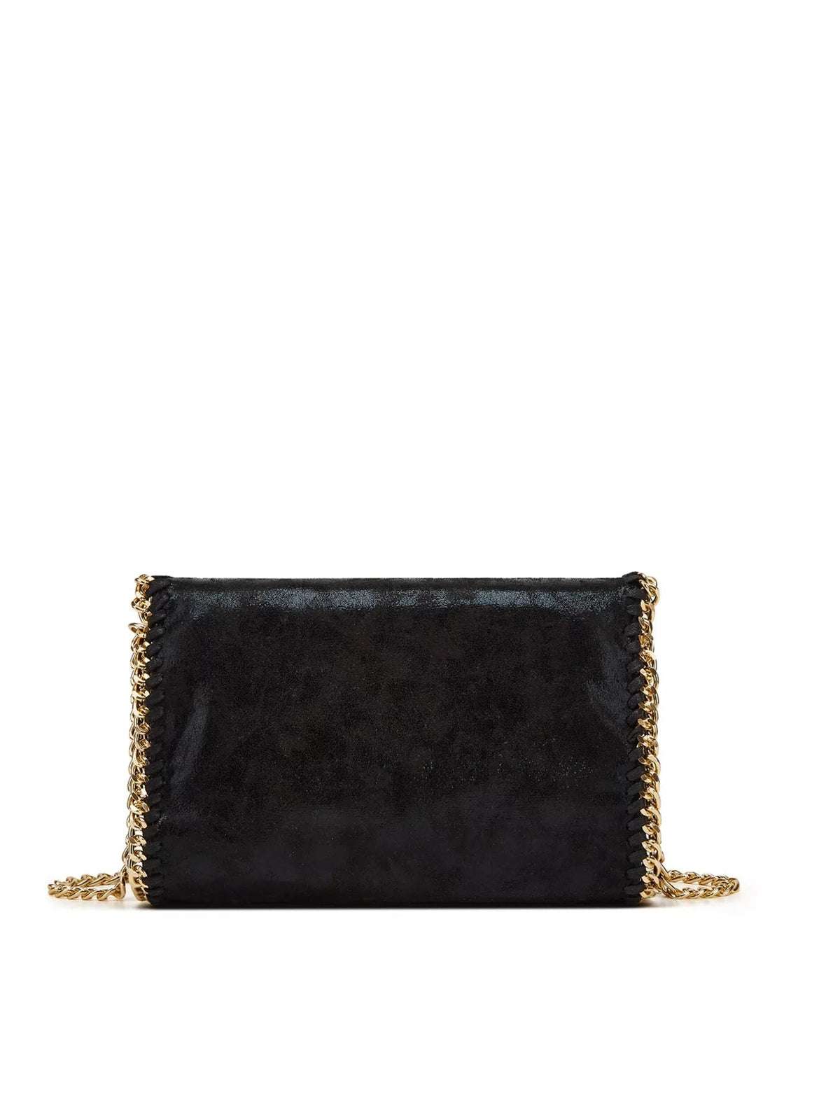 Small black PU leather crossbody bag with a rectangular silhouette, smooth top edge, and gold-tone chain trim framing the sides and extending as a strap.