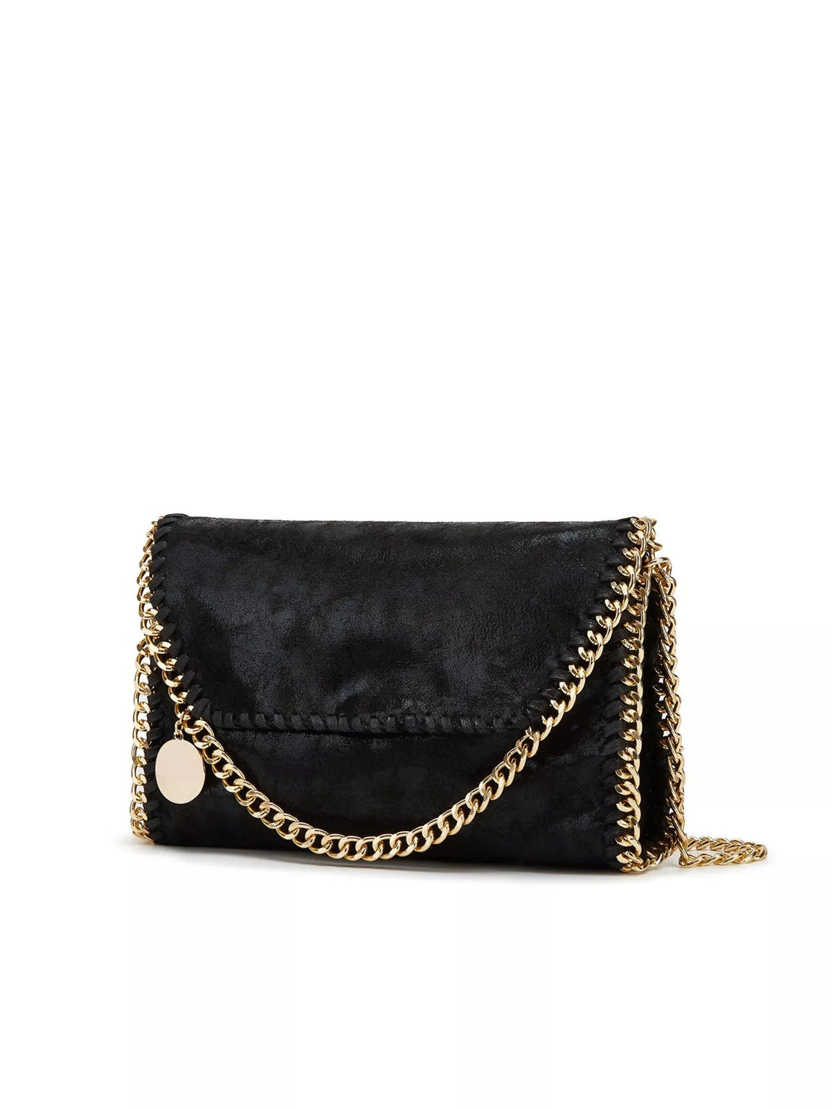Small black PU leather crossbody bag with a flap closure, stitched edges, and a gold-tone chain trim and strap.