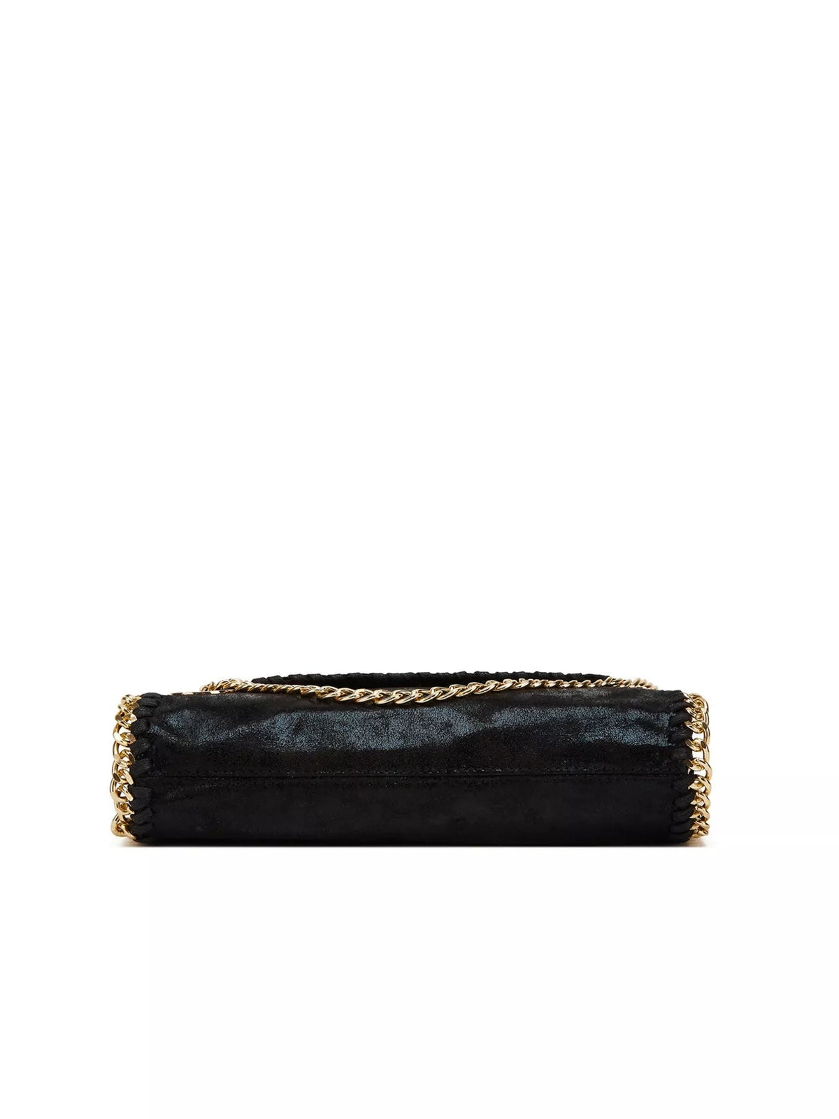 Small black PU leather crossbody bag with a slim rectangular silhouette, layered construction, and gold-tone chain trim framing the edges.