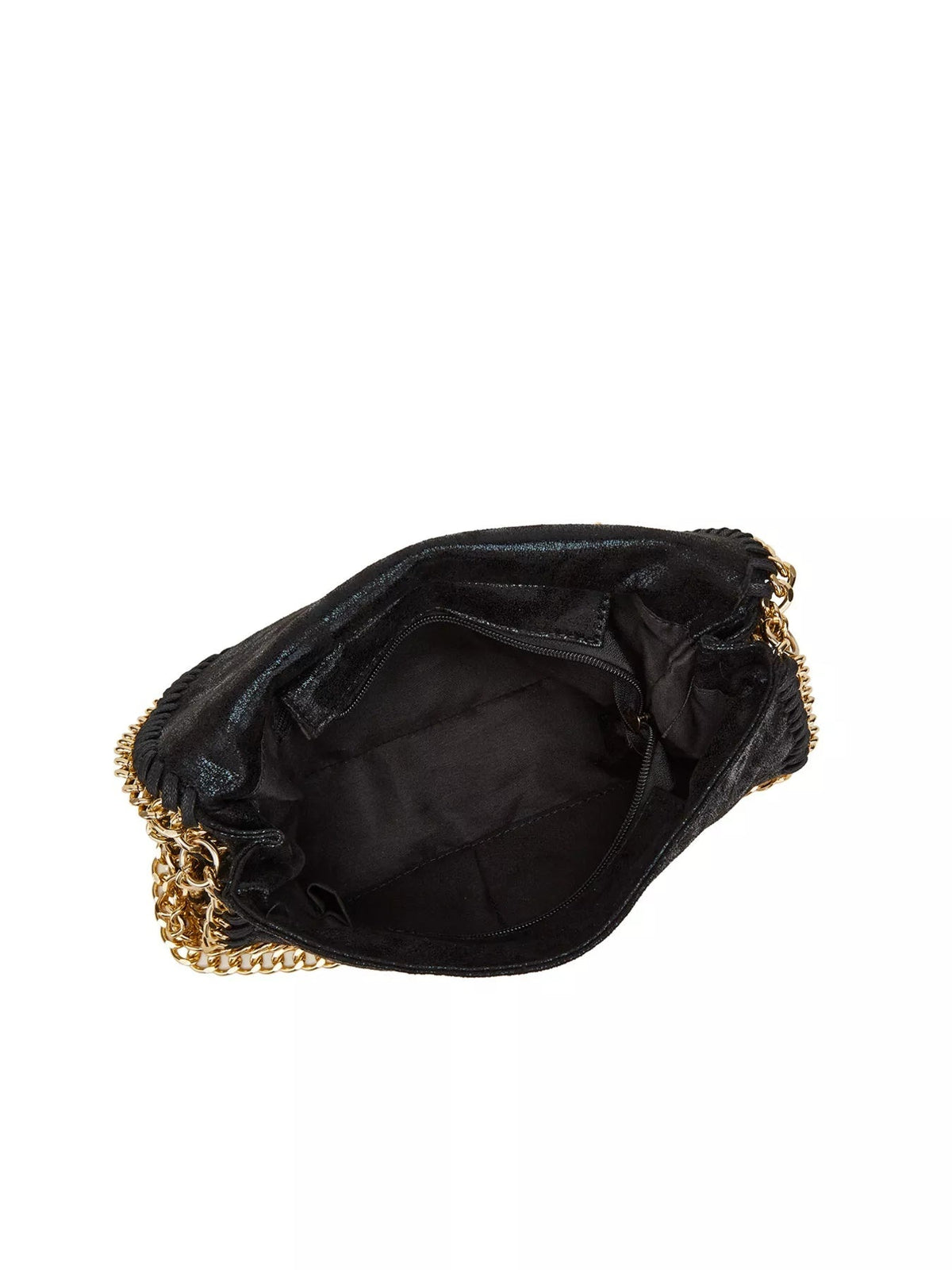 Open small black PU leather crossbody bag showing its spacious interior, inner zip pocket, and gold-tone chain trim.