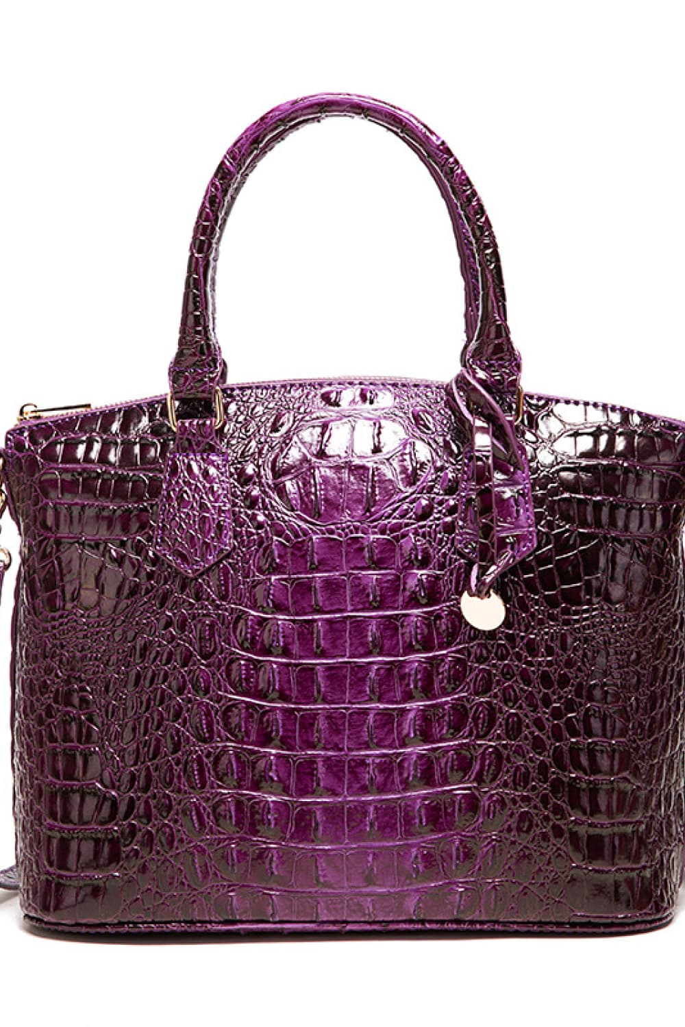 Medium purple PU leather handbag with a structured silhouette, raised crocodile-embossed texture, rounded top handles, attached shoulder strap, and zip-top closure.