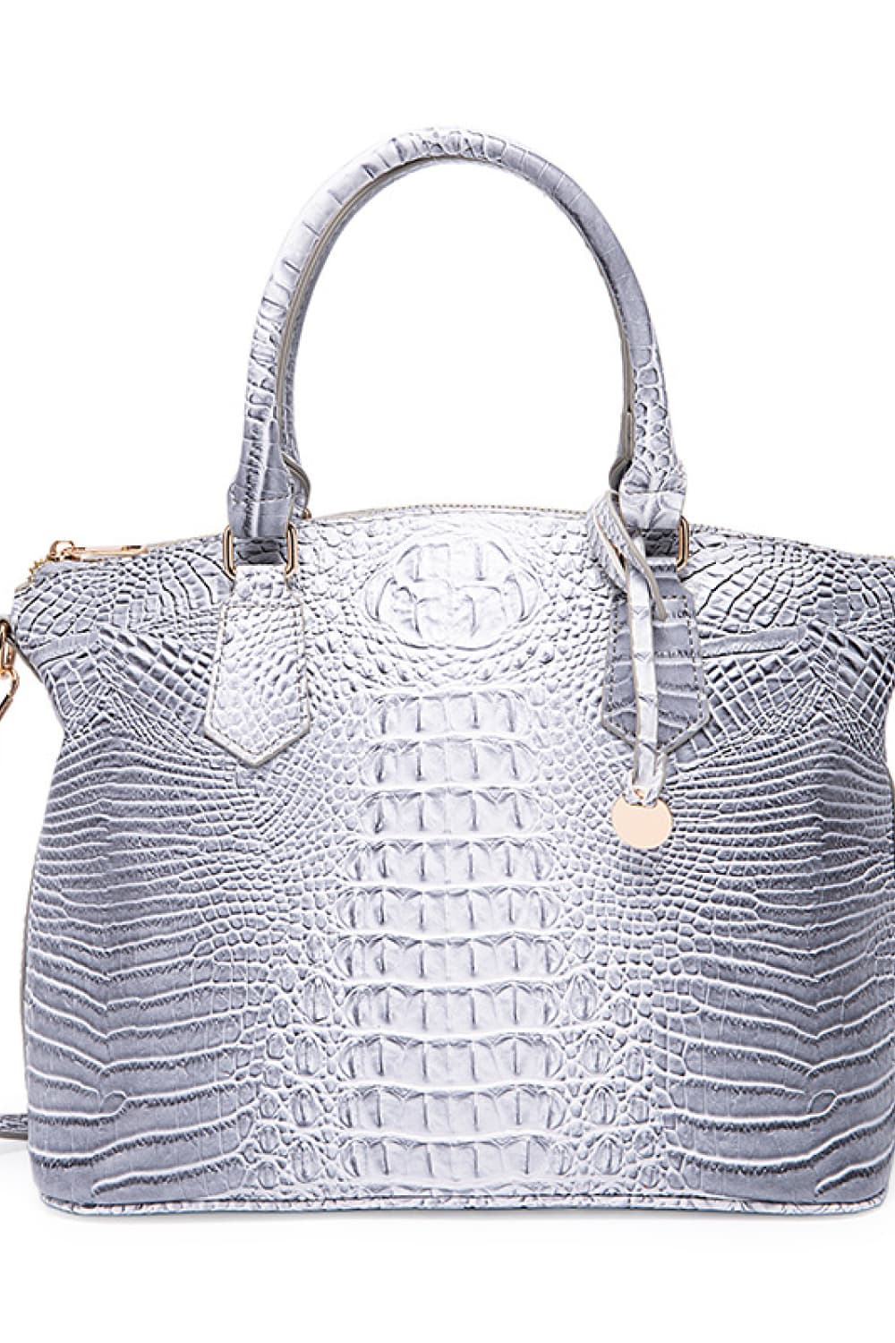 A medium silver PU leather handbag with a structured silhouette, rounded top handles, crocodile-embossed texture, gold-tone charm, and removable shoulder strap.
