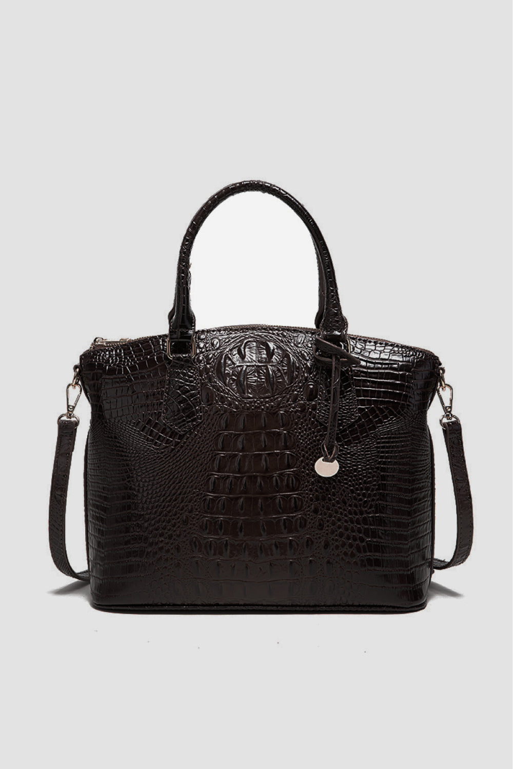 Black PU leather handbag with a structured medium silhouette, embossed crocodile texture, rounded top handles, zip-top closure, and an attached shoulder strap.