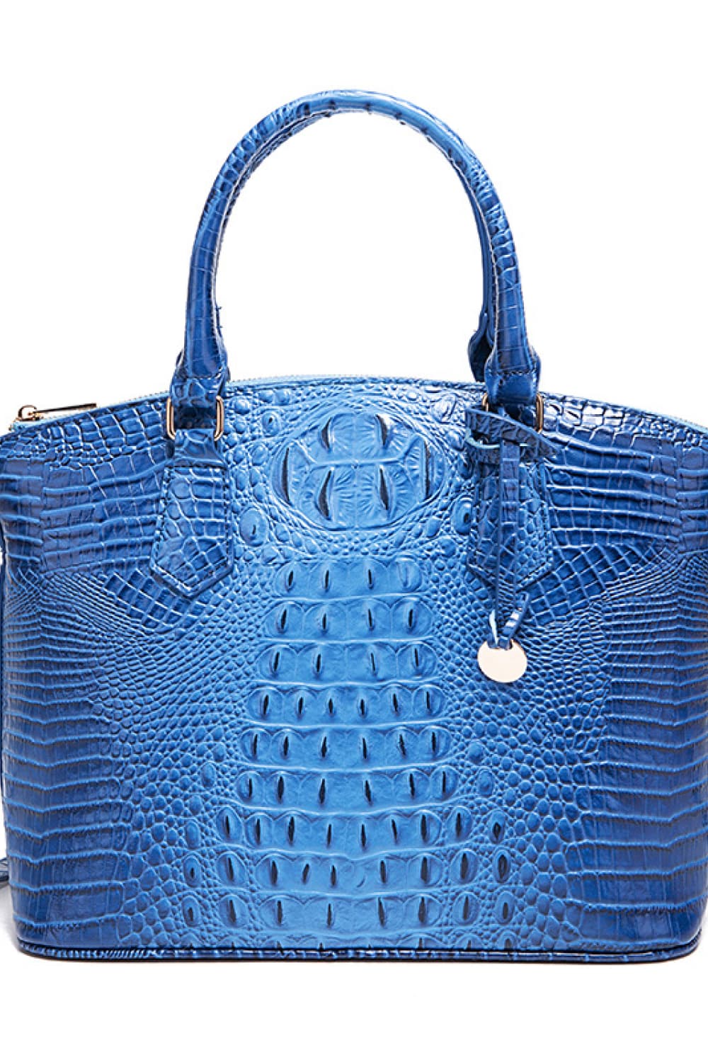 Blue PU leather handbag with a structured medium silhouette, embossed crocodile texture, rounded top handles, and a zip-top opening.