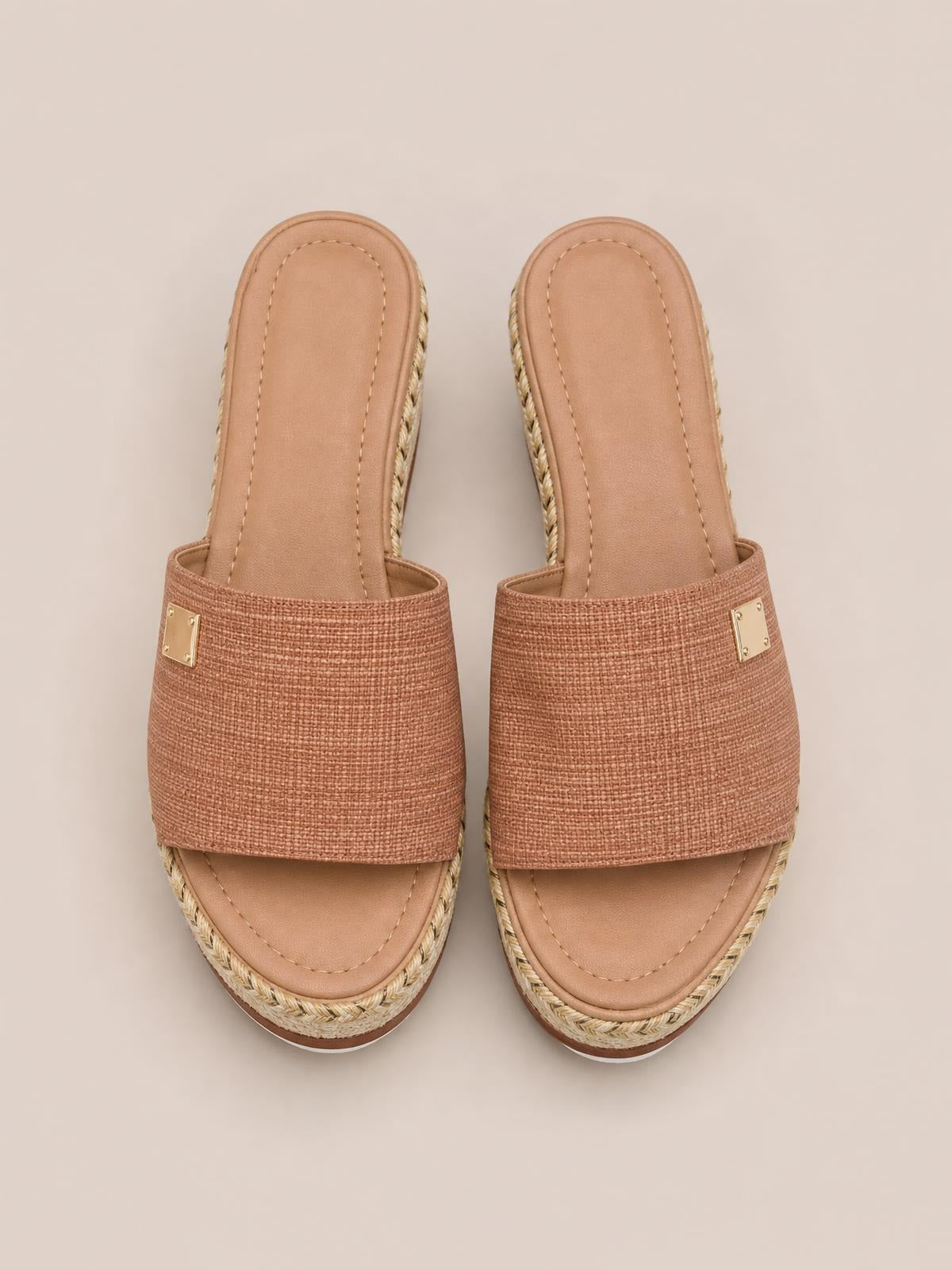 Brown PU leather open-toe sandals feature wide textured straps, stitched footbeds, braided espadrille-style midsoles, and comfortable mid heels.