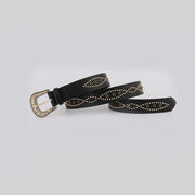 A black PU leather rhinestone belt is shown coiled with ornate Western-inspired buckle and shimmering studded accents along the strap.