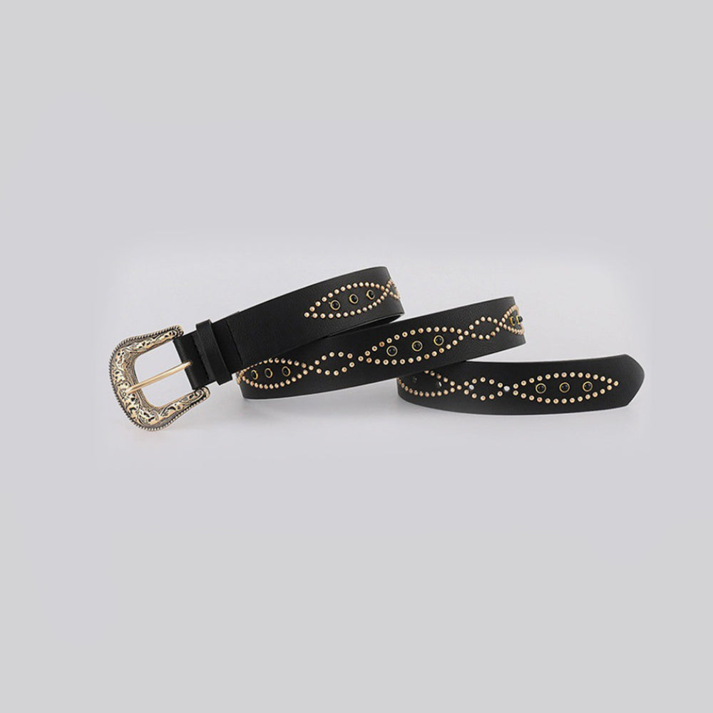 A black PU leather rhinestone belt is shown coiled with ornate Western-inspired buckle and shimmering studded accents along the strap.