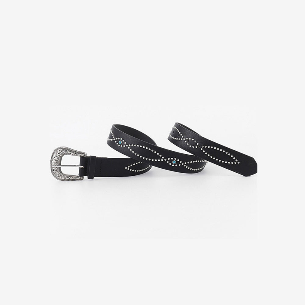 Black PU leather rhinestone belt displayed in a loose coil, featuring sparkling studded accents and an ornate Western-inspired silver buckle.