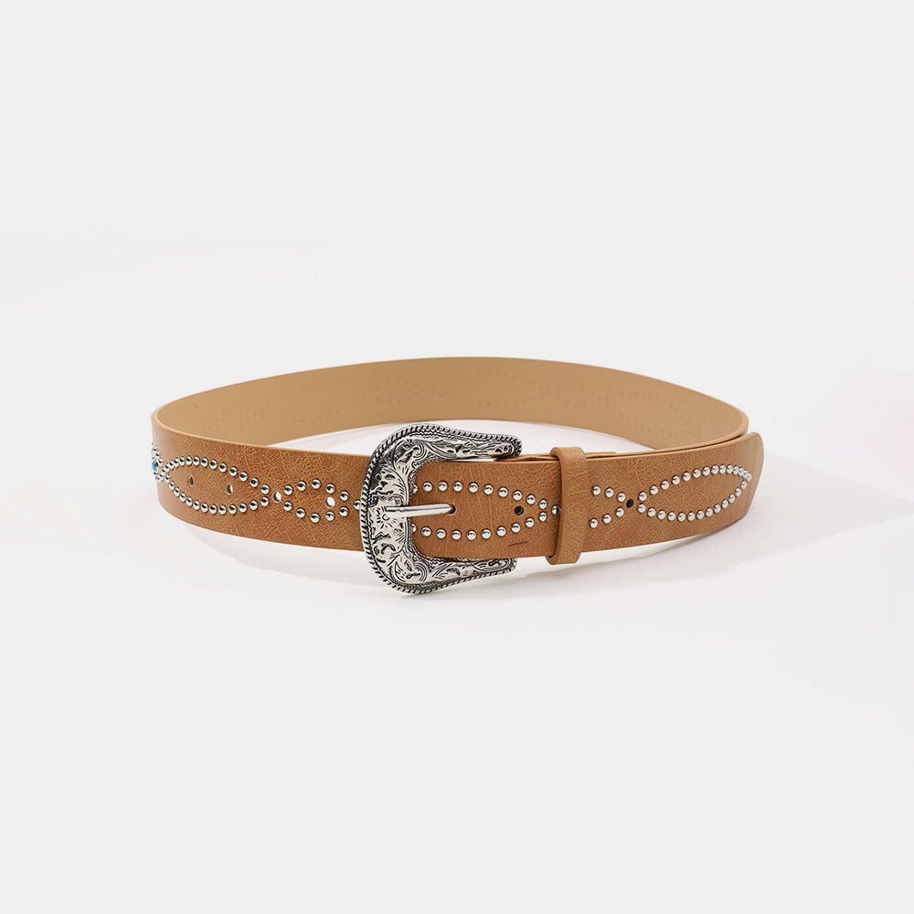 Tan PU leather rhinestone belt with a 1.5-inch strap, ornate Western-inspired buckle, and shimmering studded loop detailing.