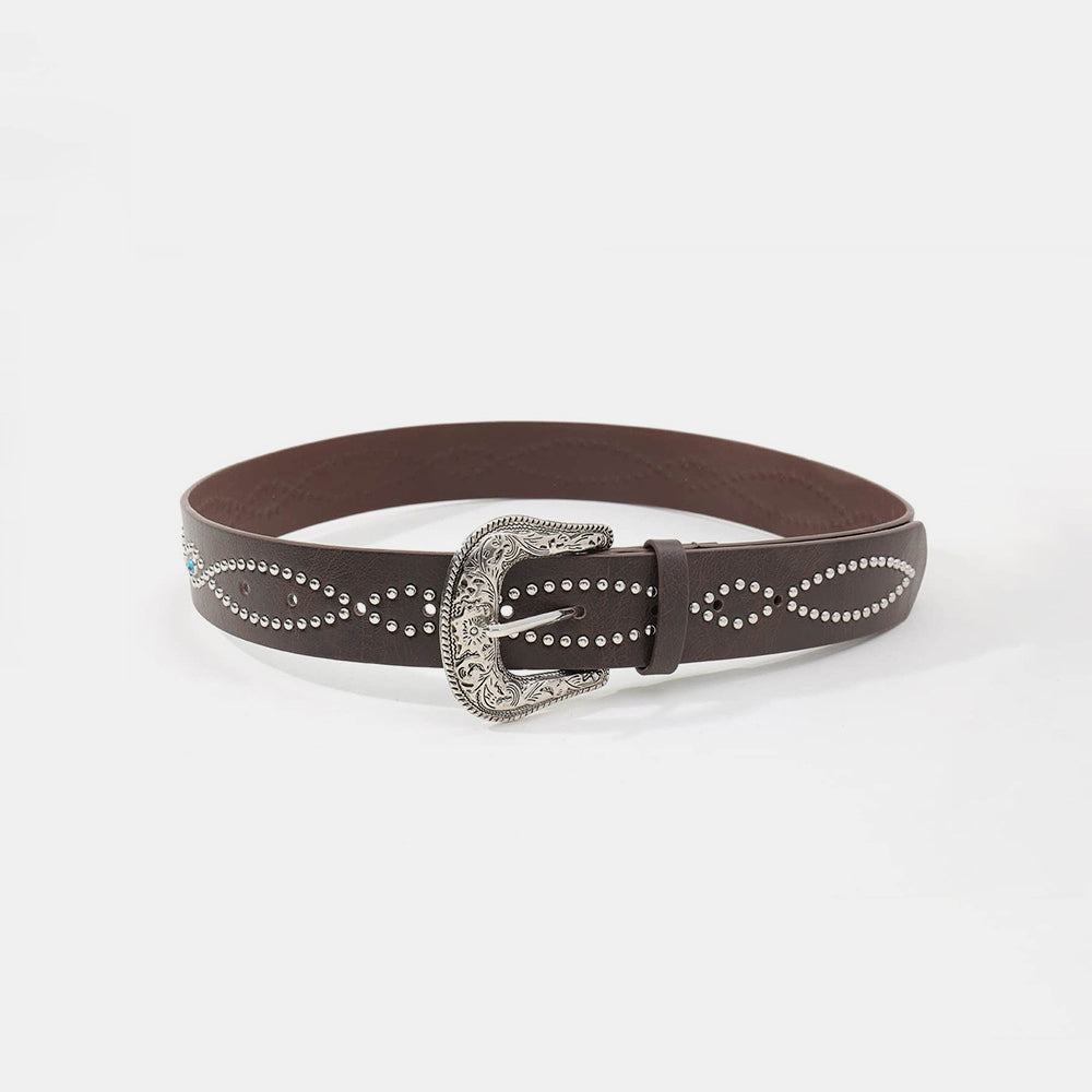 Brown PU leather rhinestone belt with a 1.5-inch strap, decorative studded detailing, and an ornate Western-inspired silver buckle.