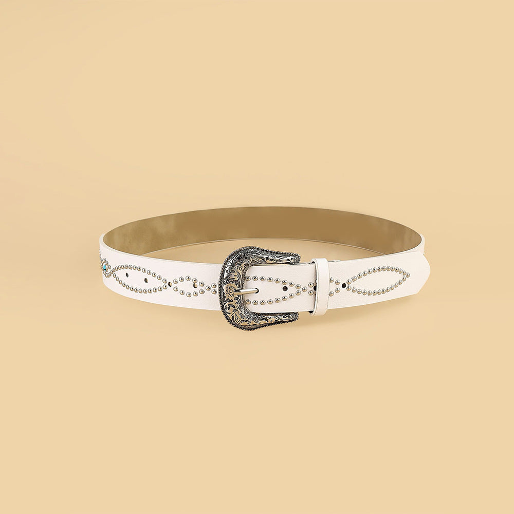 White PU leather rhinestone belt displayed in a curved silhouette, featuring decorative rhinestone loops and an ornate Western-inspired buckle.