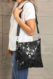 PU Leather Shoulder Bag with Tassel-Black-OS-Soulshine Design