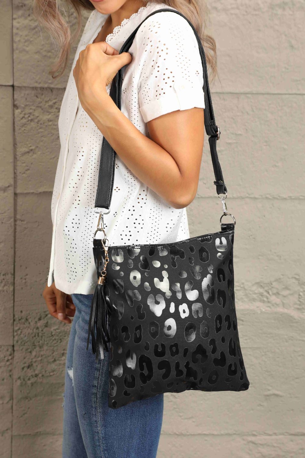 PU Leather Shoulder Bag with Tassel-Black-OS-Soulshine Design