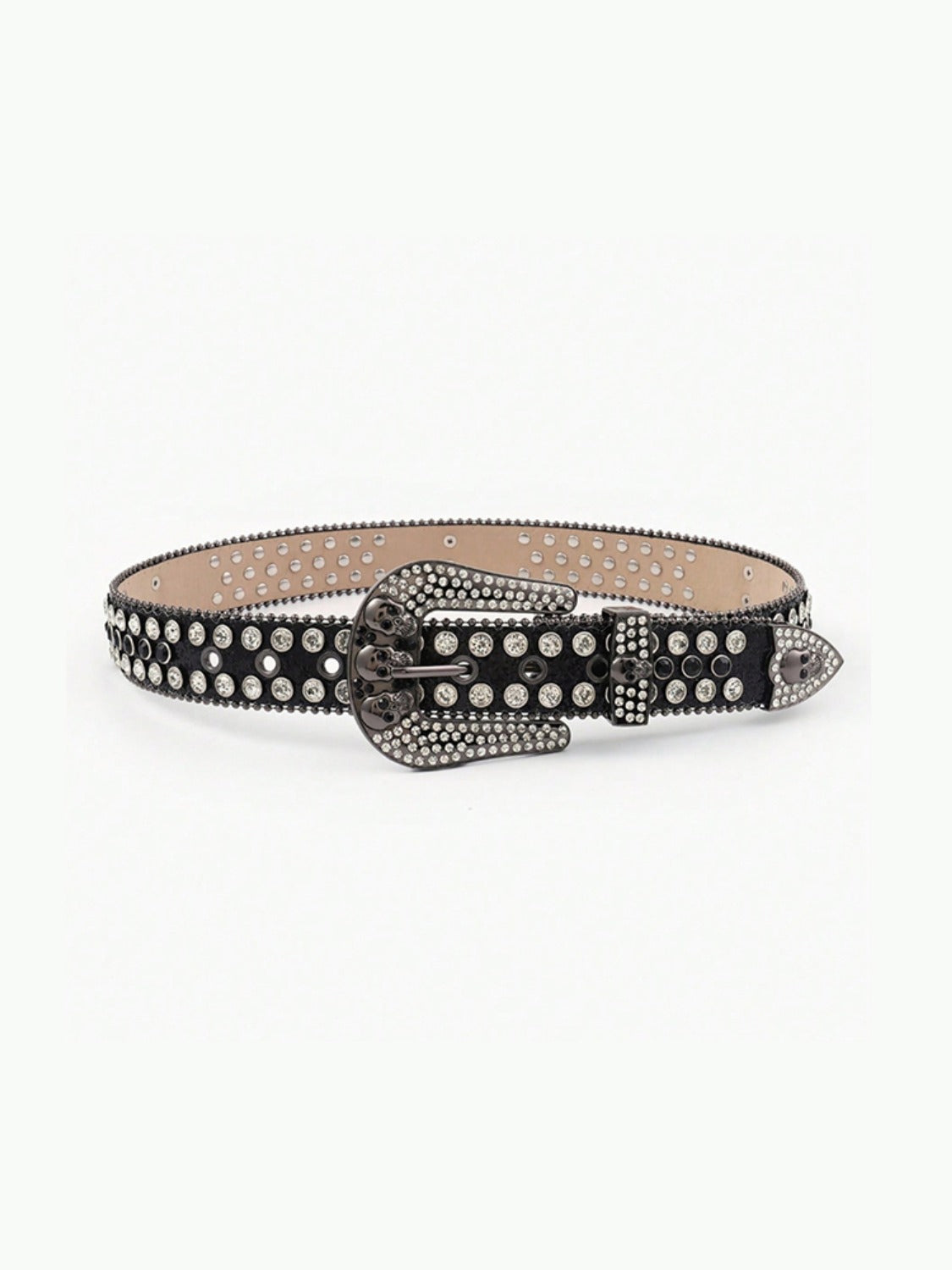 Black PU leather statement belt with rows of metallic studs and circular accents, an ornate oversized buckle, and a bold 1.5-inch silhouette.